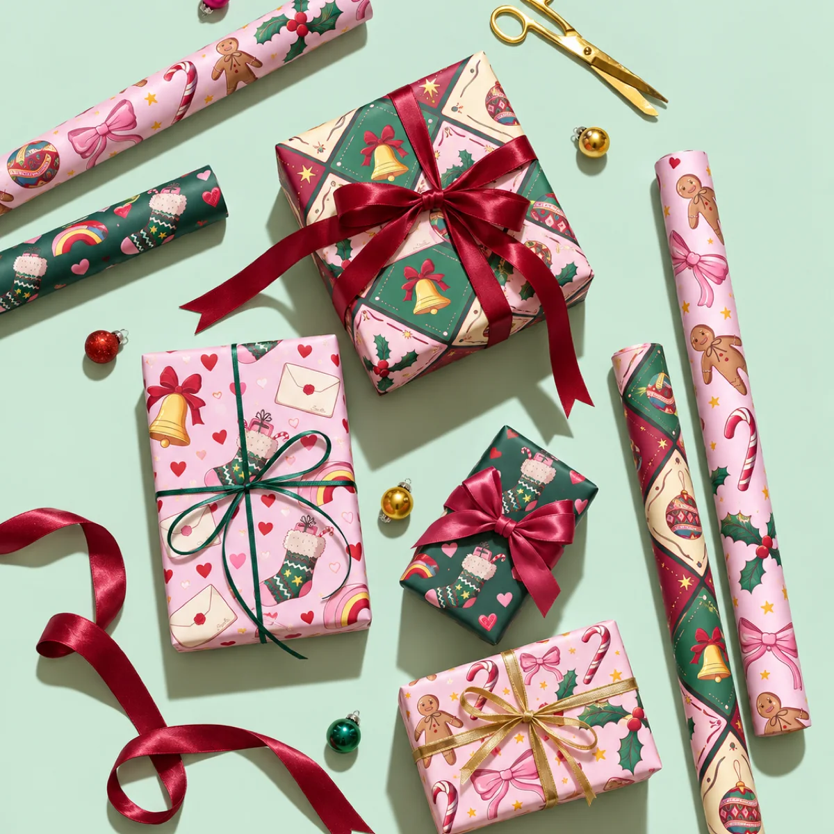 Christmas wrapping paper rolls in pink, green and cream featuring the seamless pattern designs
