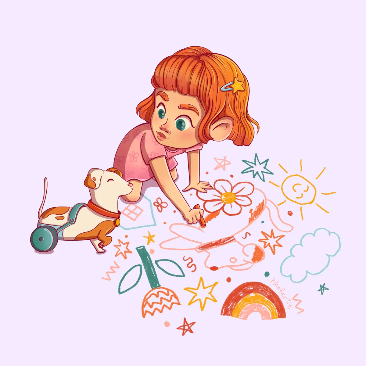 Girl Drawing with Dog Illustration — free illustration by Lizy Del Busto