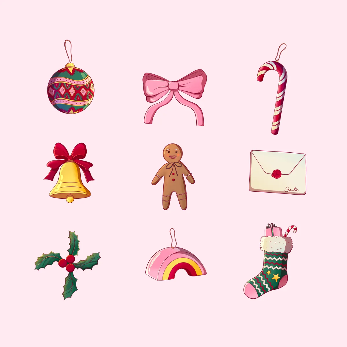 Nine hand-drawn Christmas illustration elements including bows, bells, stockings, gingerbread and ornaments