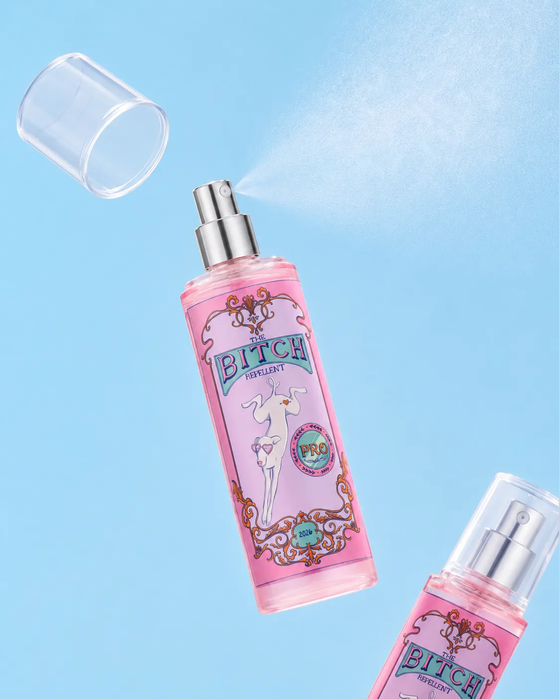 Bitch Repellent bottle floating mid-spray with its cap in the air and a second bottle in the corner, on a blue background
