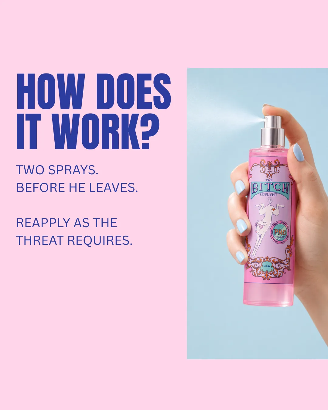 Campaign slide asking "How does it work?" with tongue-in-cheek instructions next to a hand spraying the bottle