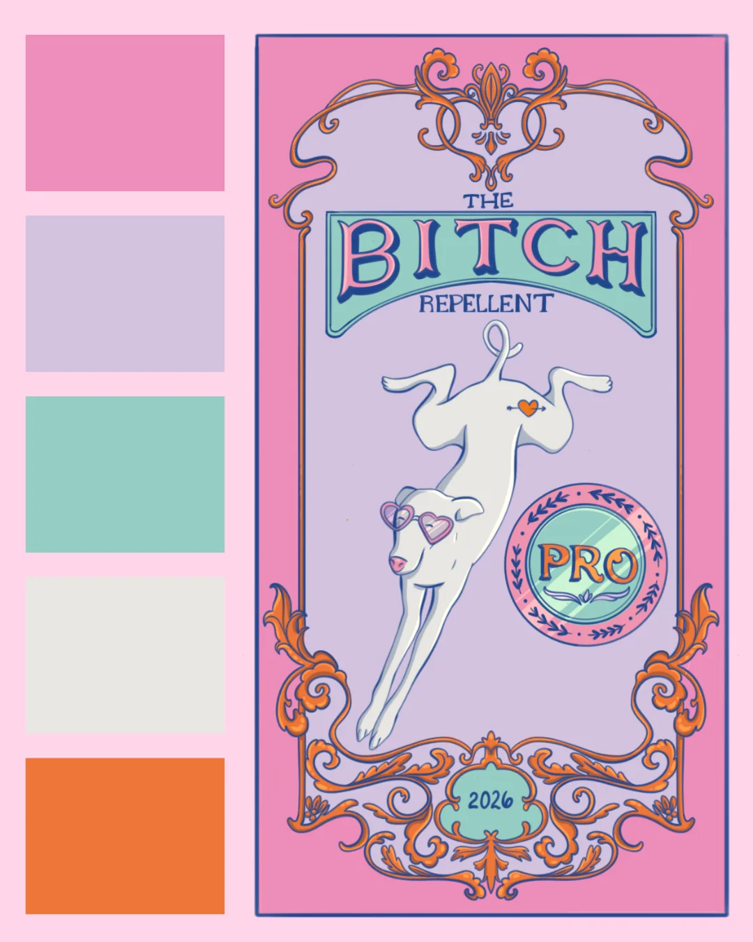 Colour palette for the Bitch Repellent label: pink, lilac, aqua blue, cream and orange swatches beside the finished label