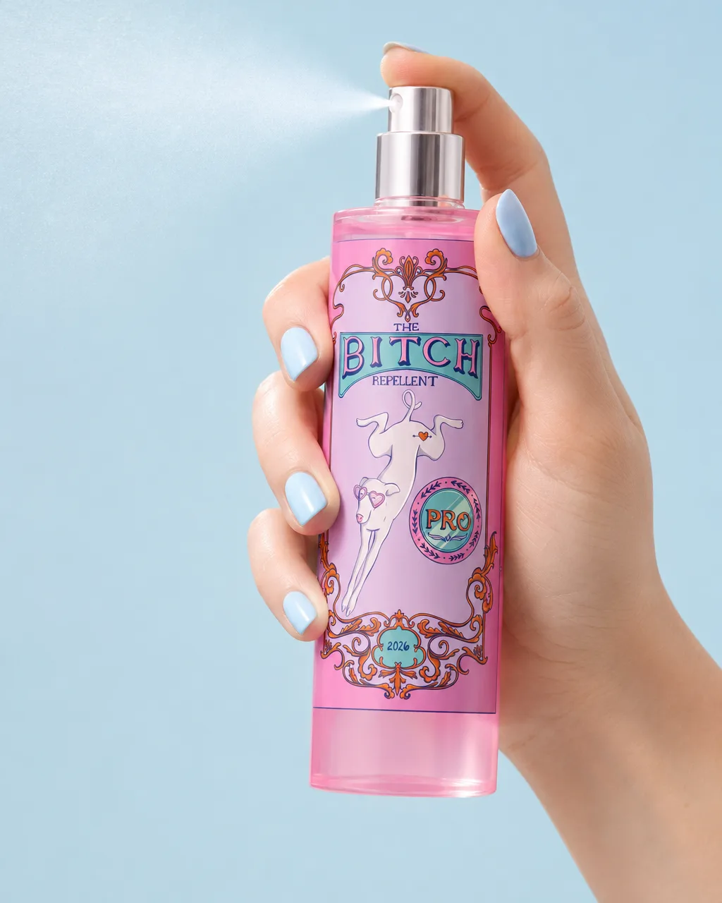 Hand with pale blue nails spraying the pink Bitch Repellent bottle against a light blue background