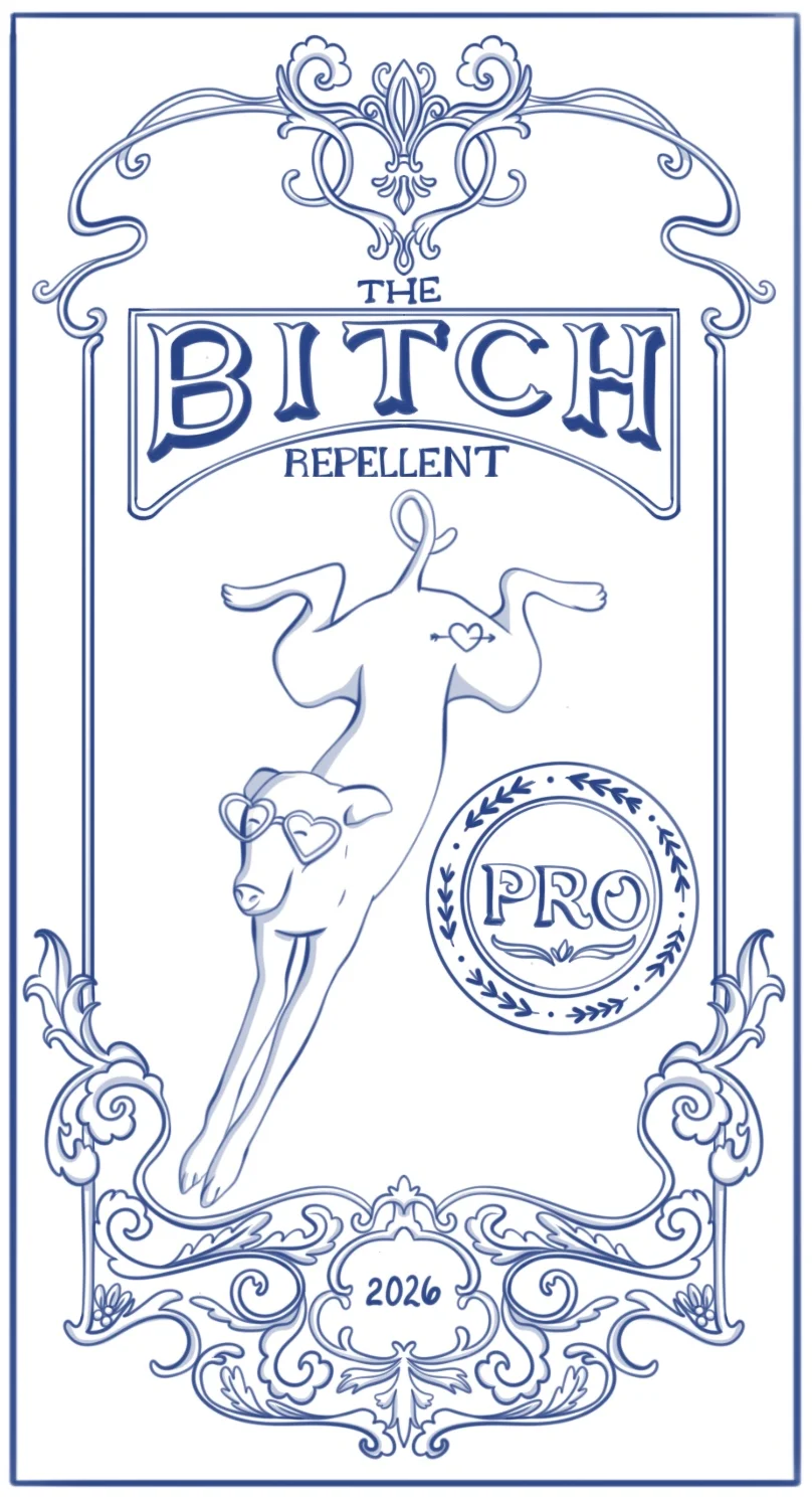 Blue line drawing of the Bitch Repellent label: Art Nouveau frame, lettering, a leaping greyhound in heart sunglasses and a PRO seal