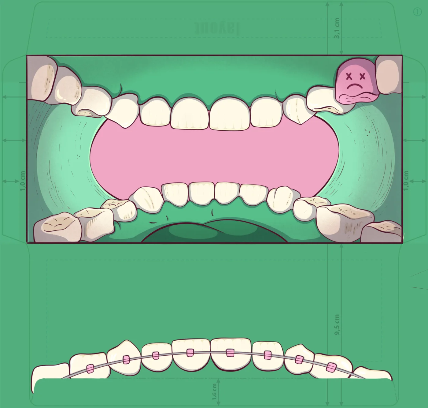 Colour test of the envelope artwork with mint green gums, a pink mouth opening and a pink sad molar, on the measured dieline