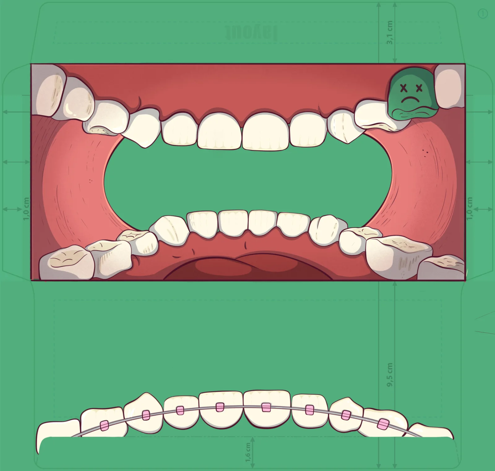 Flat envelope dieline on green with fold lines, flap measurements in centimetres, an illustrated open mouth in red tones on the inside panel and braced teeth on the closing flap