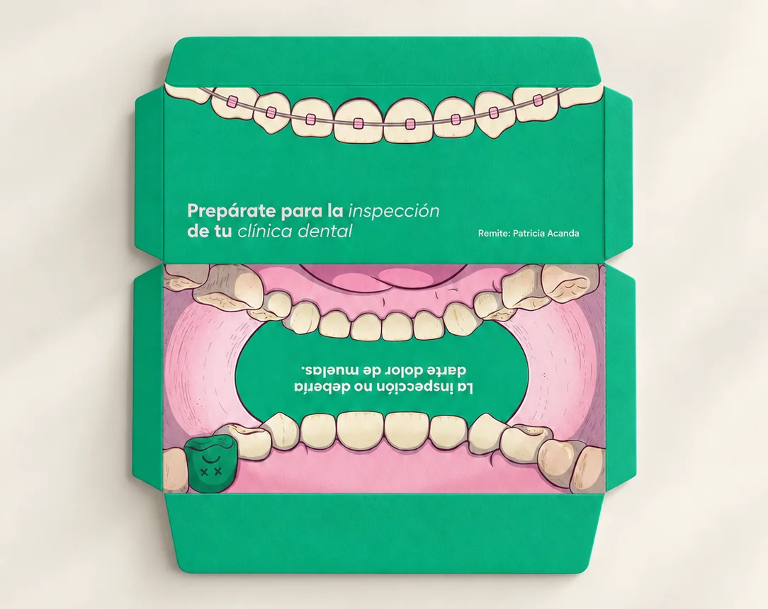 Fully unfolded green envelope: braced teeth and the sender line "Remite: Patricia Acanda" on the flap, and an illustrated pink mouth with the message on the inside panel
