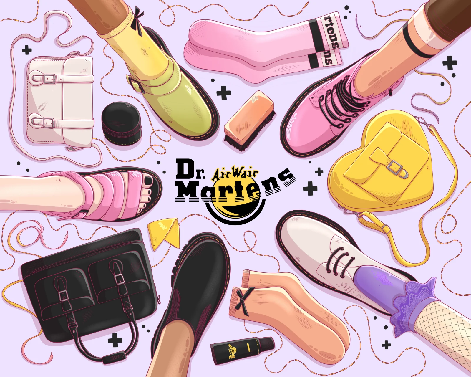 Illustrated boots, accessories and fashion objects for a retail mural, on a lilac ground