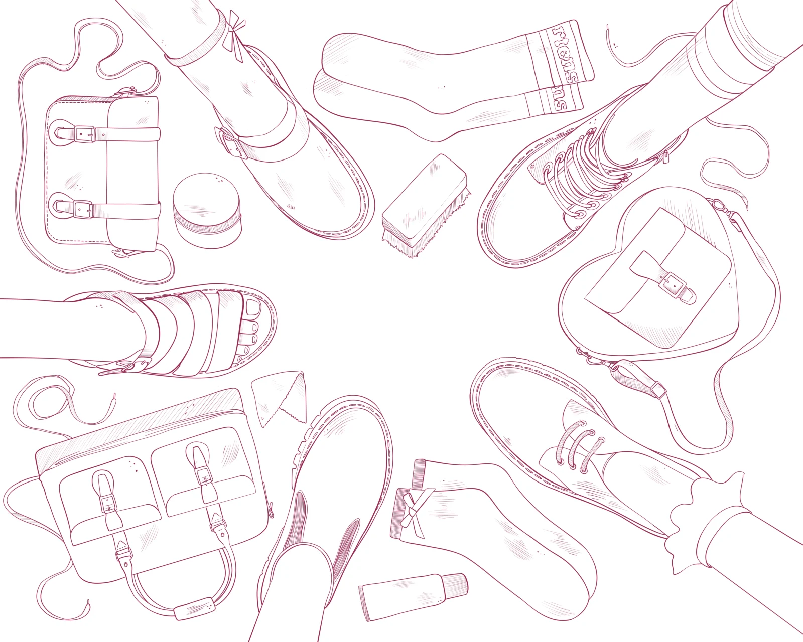 Line drawing of the final flat-lay composition of boots, bags, socks and laces