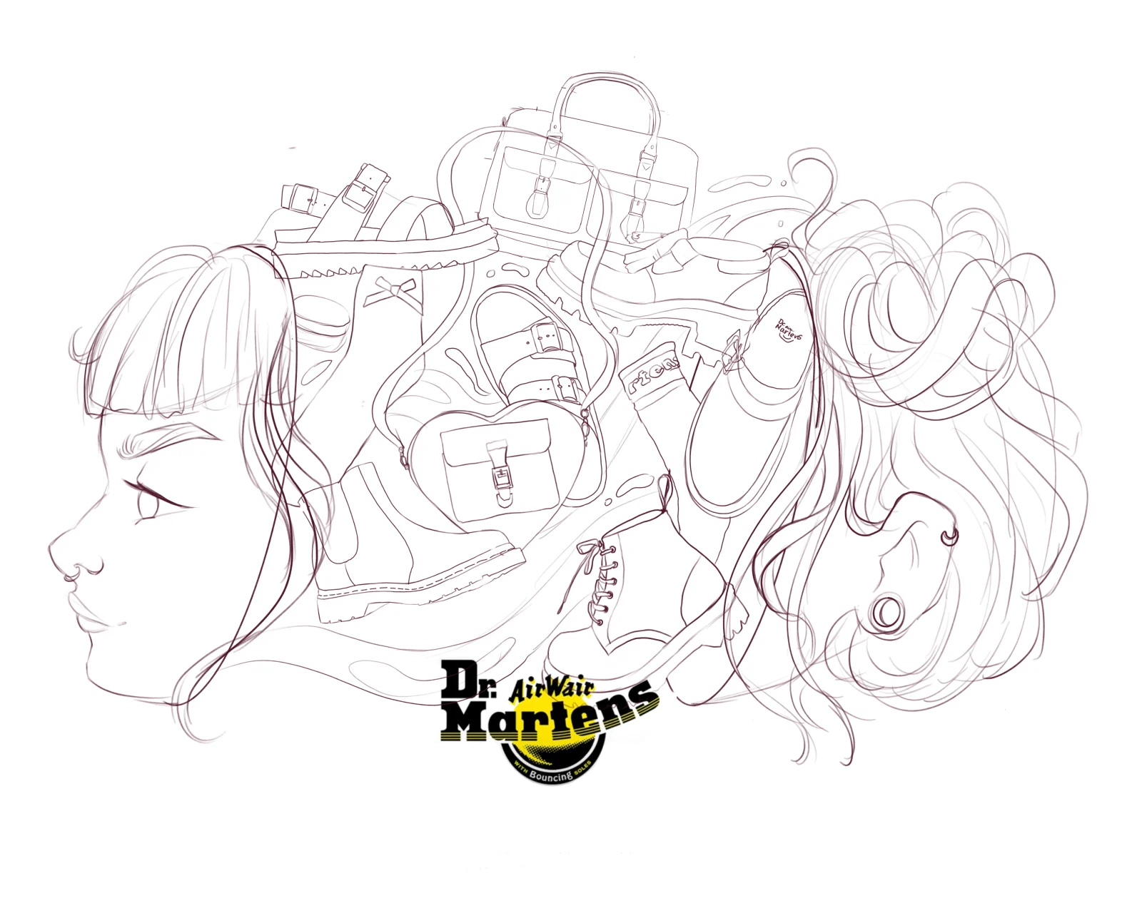 Sketch development for a fashion retail mural illustration, products drawn inside flowing hair
