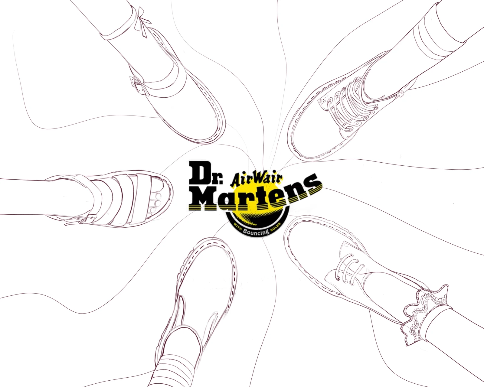 Composition sketch of feet in different boots and sandals circling the brand mark