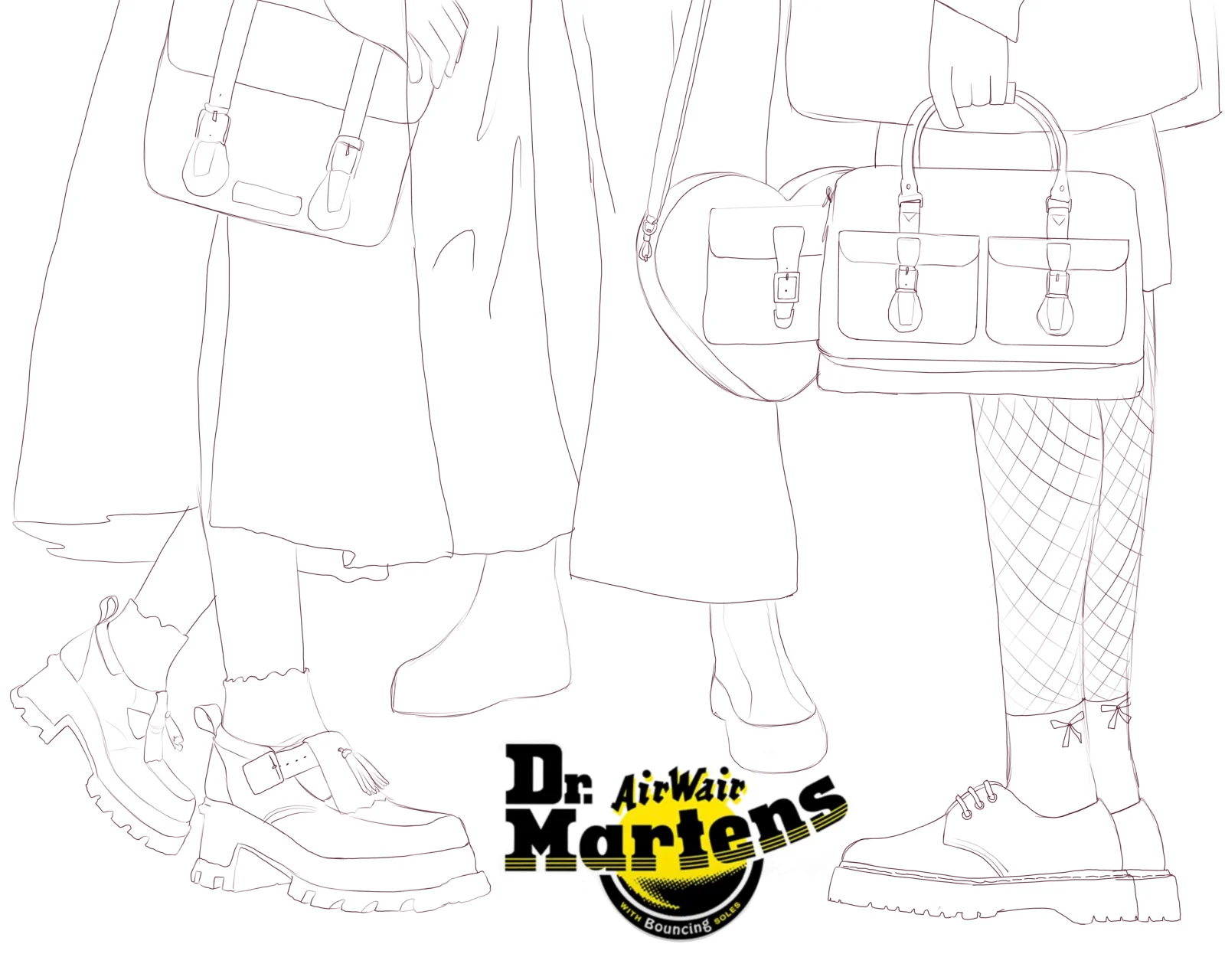 Composition sketch of three figures cropped at the waist carrying bags and wearing boots