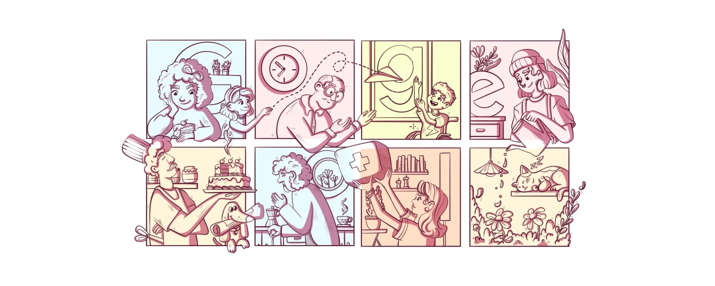 Soft colour blocking test across the six panels of the doodle