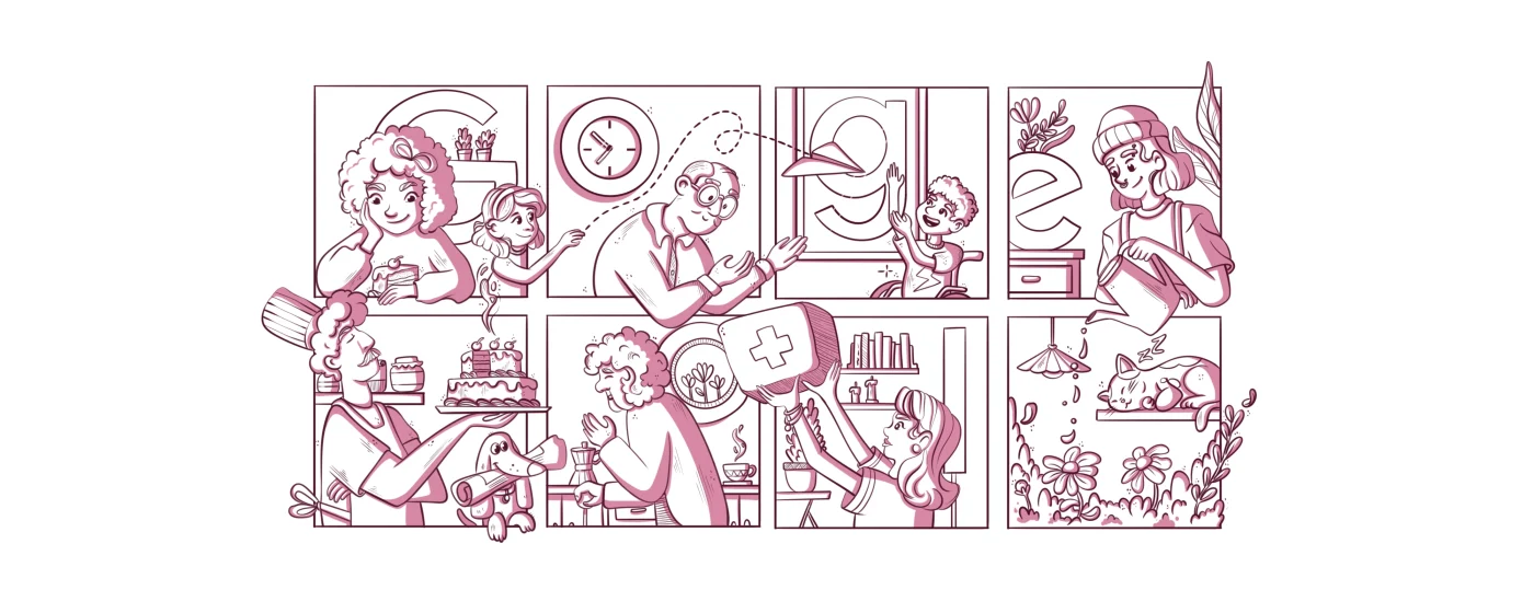 Line work of the final doodle, six panels of everyday kindness forming the word Google