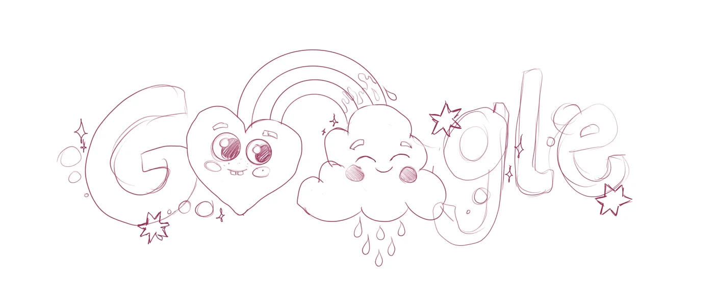 Sketch of a heart, a smiling cloud and a rainbow built into the lettering