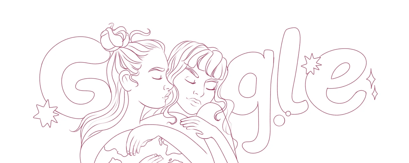 Line drawing of two people holding each other across the Google lettering