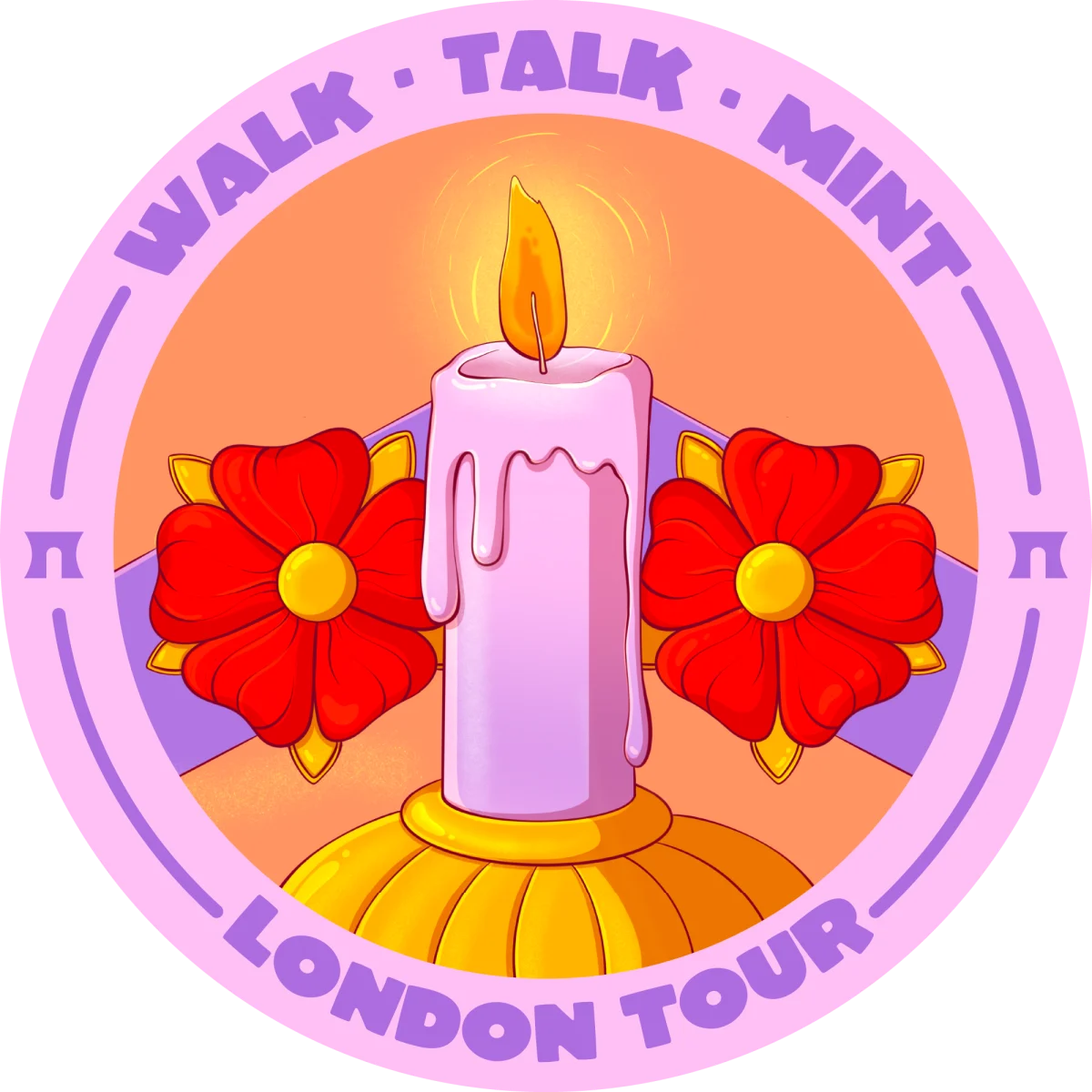 Illustrated POAP badge showing a lit candle between two red guild flowers