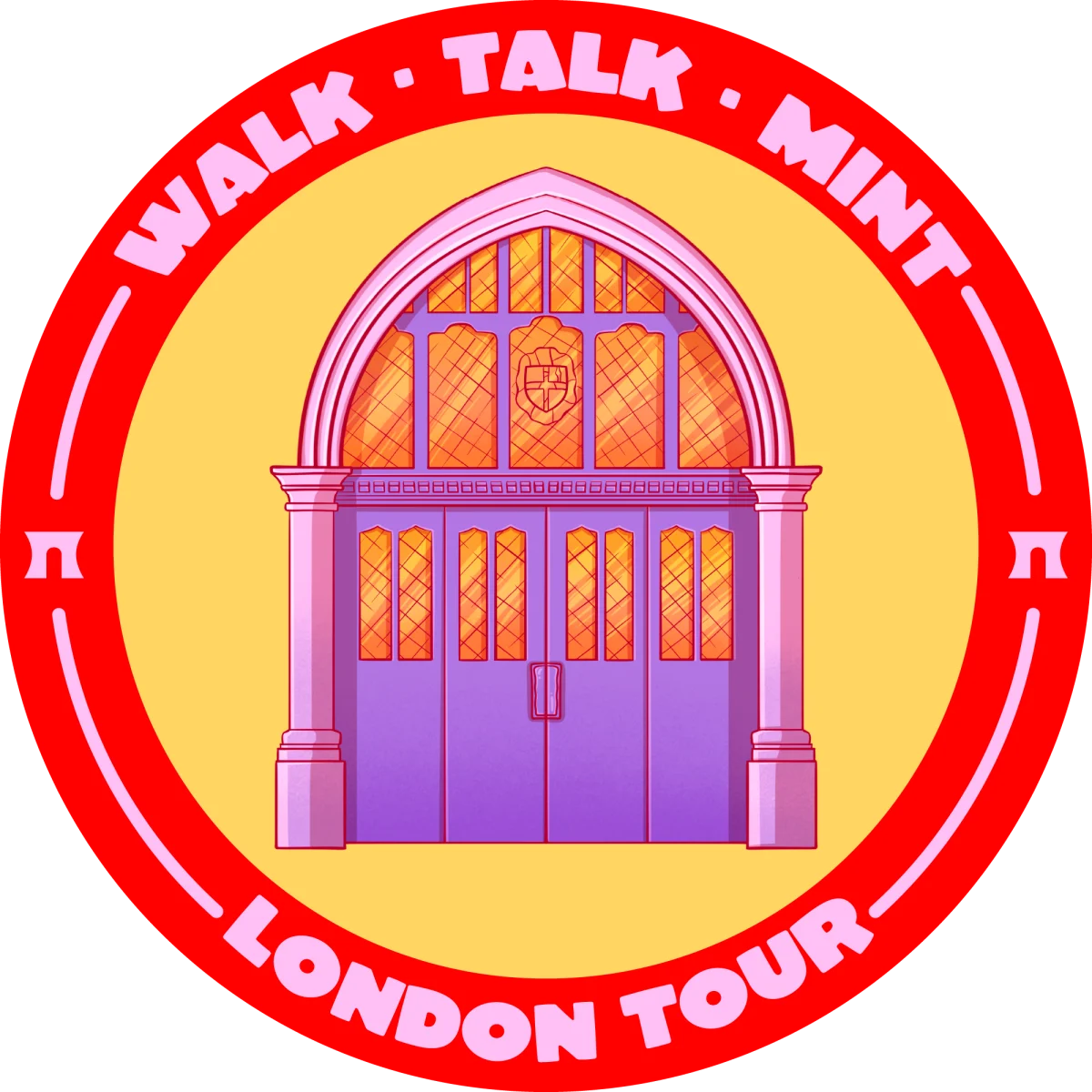 Illustrated POAP badge showing the arched entrance of Guildhall