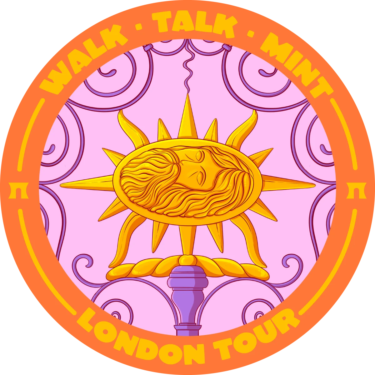 Illustrated POAP badge showing a golden sun emblem on an ironwork gate