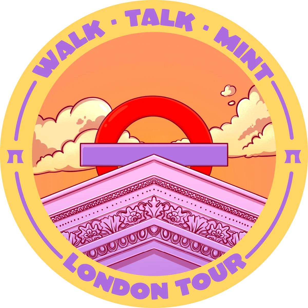 Illustrated POAP badge showing a classical pediment against a sunset sky near Bank station