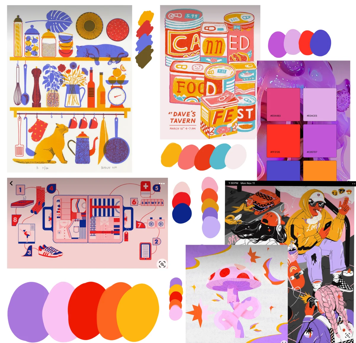 Mood board of colour palettes and illustration references for the badge series