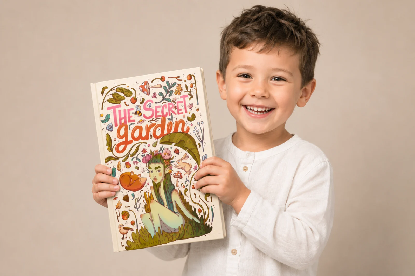 Child holding a mockup of The Secret Garden fictional illustrated book