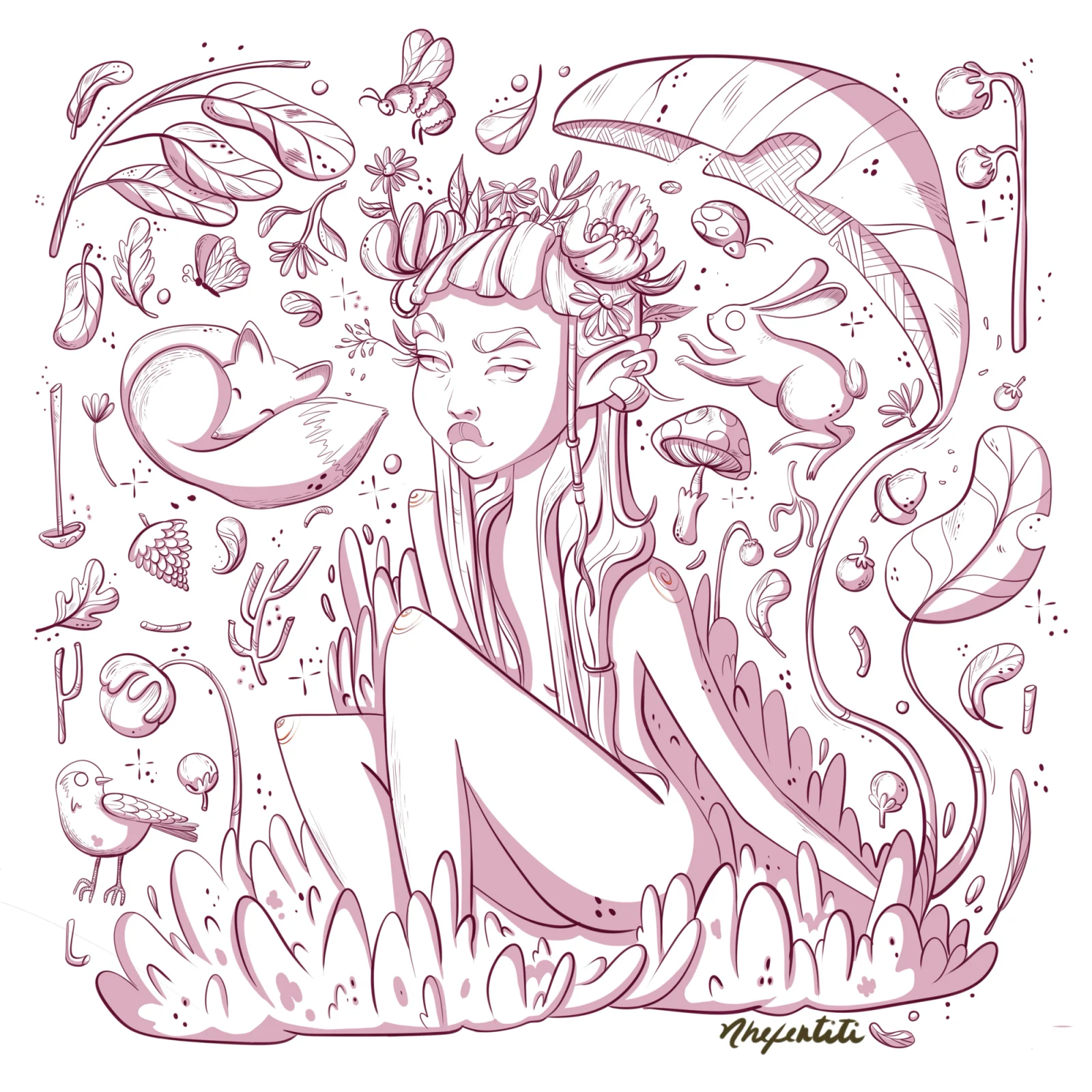 Line drawing of the character surrounded by plants, a fox and a rabbit